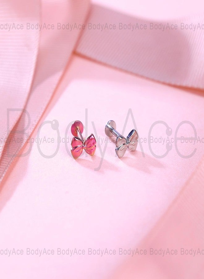 BodyAce F136 Titanium Body Piercing Studs, 16G Flat Back Cartilage Earring Studs with Piercing Taper, Internally Threaded Labret Lip Ring Conch Tragus Stud (Pink Bow) - Image 3